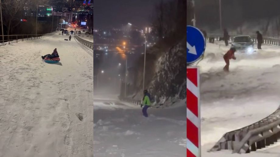 «Снежный апокалипсис» во Владивостоке подарил горожанам «горнолыжную трассу»