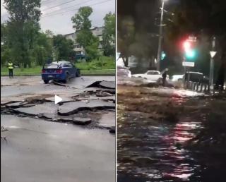 В момент ушла под воду. Жертва мощного ливня попала на видео во Владивостоке