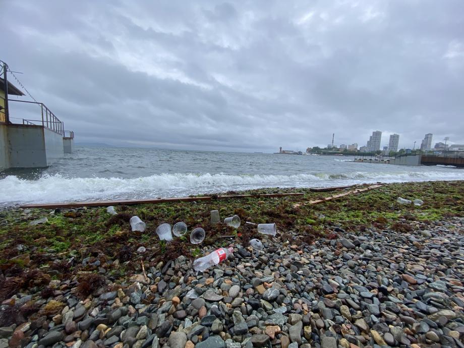 Разбушевавшееся море во Владивостоке выкинуло на берег много мусора и водорослей