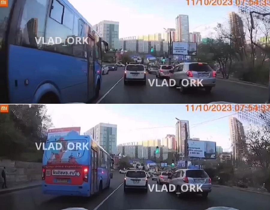 Фото: кадры видео | Во Владивостоке водителя автобуса привлекут к ответственности за выезд на встречку
